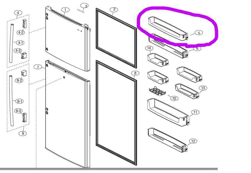 samsung freezer door upper Shelf RT50MBPN2/XSA, RT50MBSL1/XSA, RT50MMSW1/XSA, RT50MMSW2/XSA, RT50QBSL1/XSA, RT50QMSW2/XSA_description(1)
