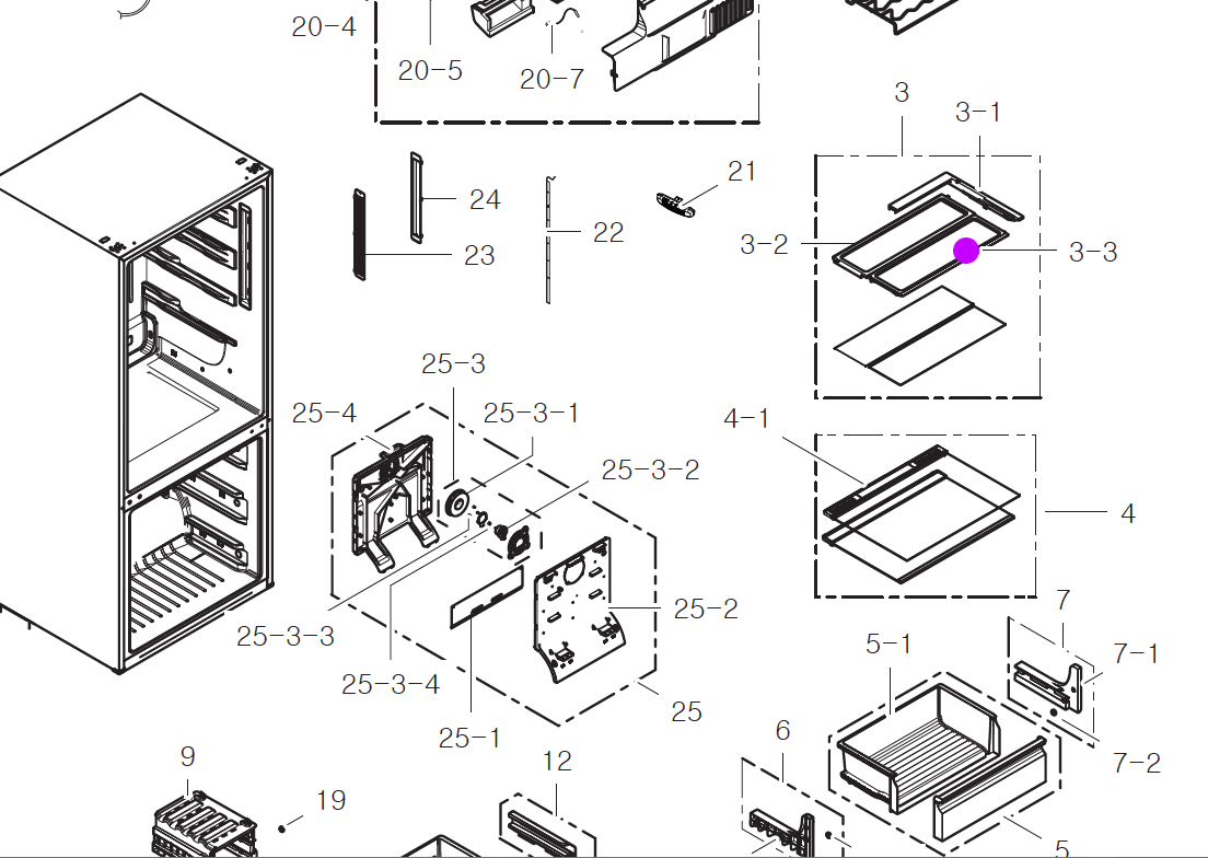 Samsung Fridge Shelf folder front SRL458ELS, RL4003SBASP/SA, RL4003SBAWW/SA, RL4013UBASL/SA, *03518A_description(2)