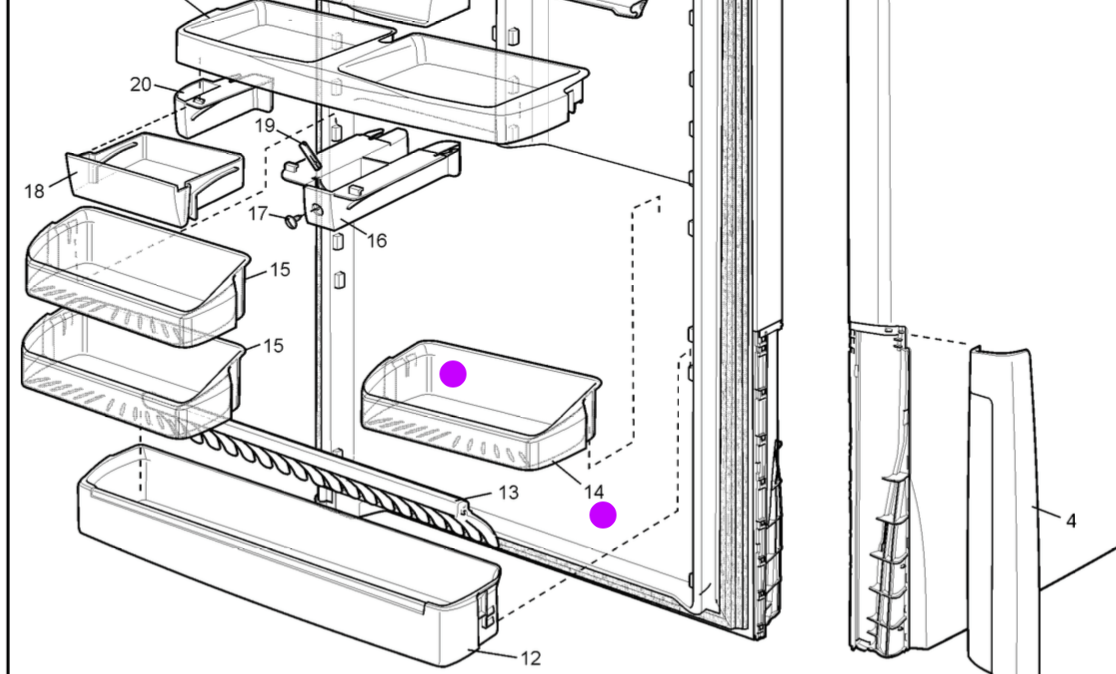 Westinghouse and Simpson fridge Half Shelf Right side of Door WBM3700PB, WBM3700SB, WBM3700WB, WBM4000SB, WBM4000WB, *1783_description(1)