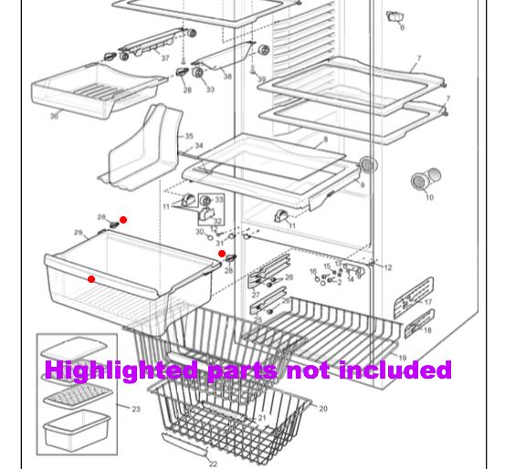 WESTINGHOUSE VEGGIE BIN CRISPER AND STOP ASSY WBM4000SA, WBM4000WA, WBM3700SA, WBM3700WA, NLA_description(1)