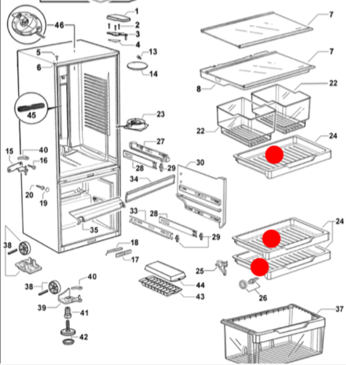 Elba Fisher Paykel fridge freezer shelf up under veggie bin and freezer up and middle e402b, E372B, RF402b, RF372b,_description(2)