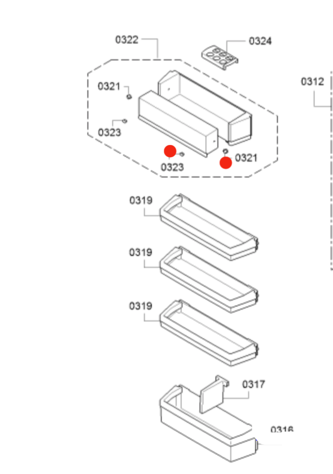 Bosch fridge door Dairy shelf cover hinge KIN34P60AU, 1 set of male and female_description(1)
