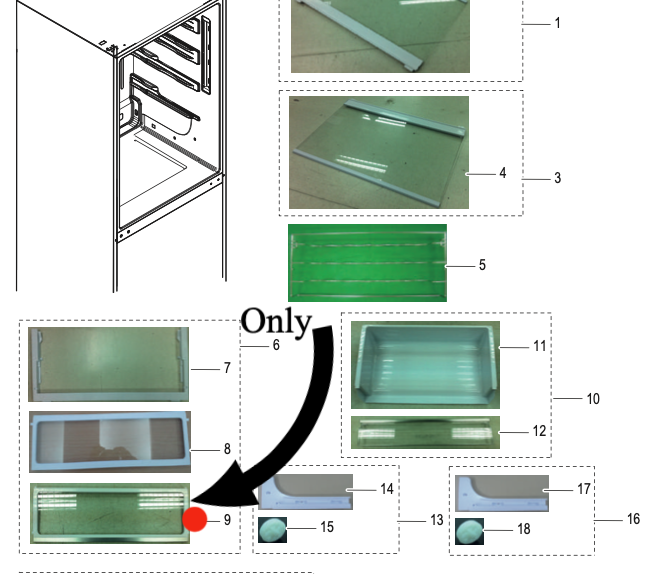 Samsung Fridge Shelf folder front SRL458ELS, RL4003SBASP/SA, RL4003SBAWW/SA, RL4013UBASL/SA, *03518A_description(1)