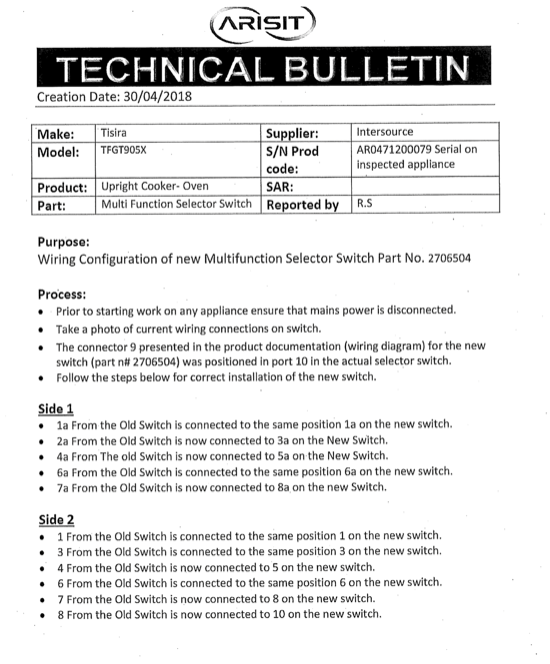 Tisira TFGT905X OVEN MULTIFUNCTION SWITCH,_description(1)