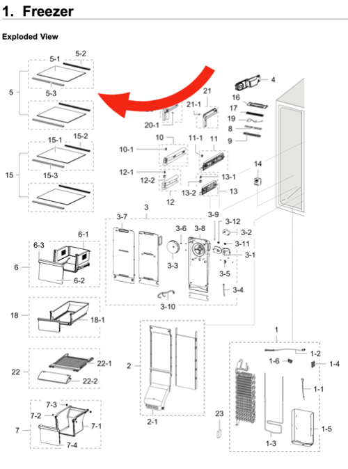 Samsung Freezer side Upper Glass shelf srs636scls, ***14799A,_description(1)
