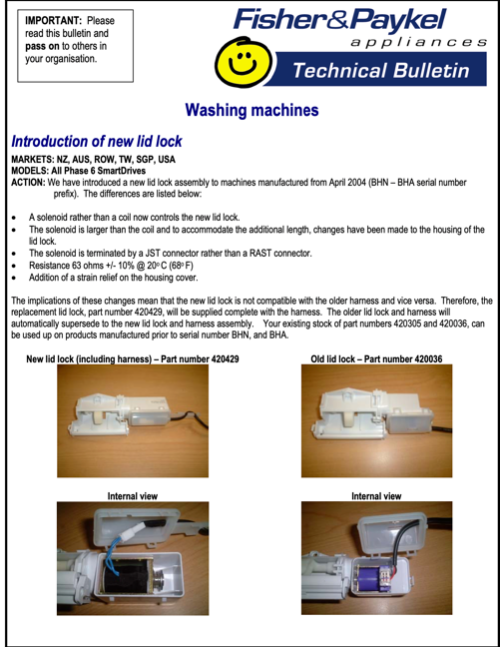 Elba and Fisher paykel Washing Machine Lid Switch , Version 2 see photo_description(1)